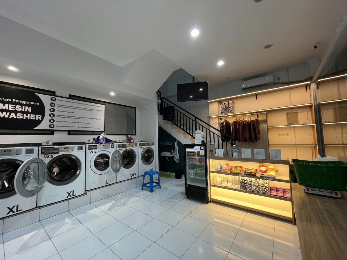 Interior KoomBahYah — area mesin cuci yang bersih dan modern